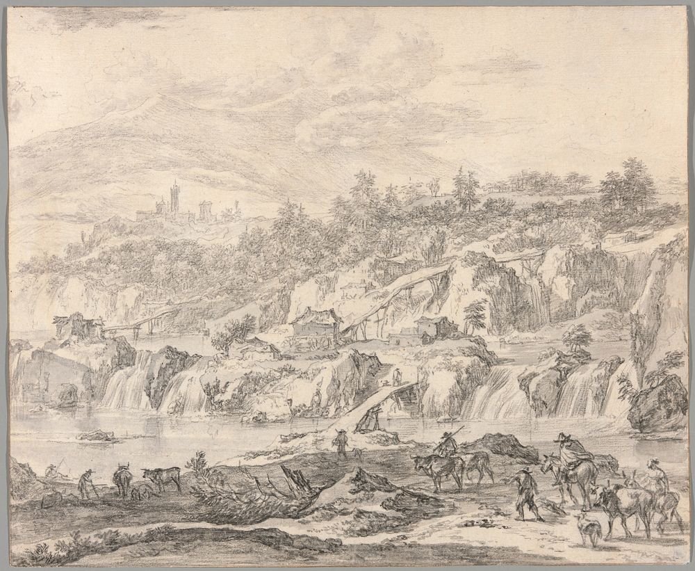 Landscape with Waterfalls and Bridges, Peasants in the Foreground by Nicolaes Berchem