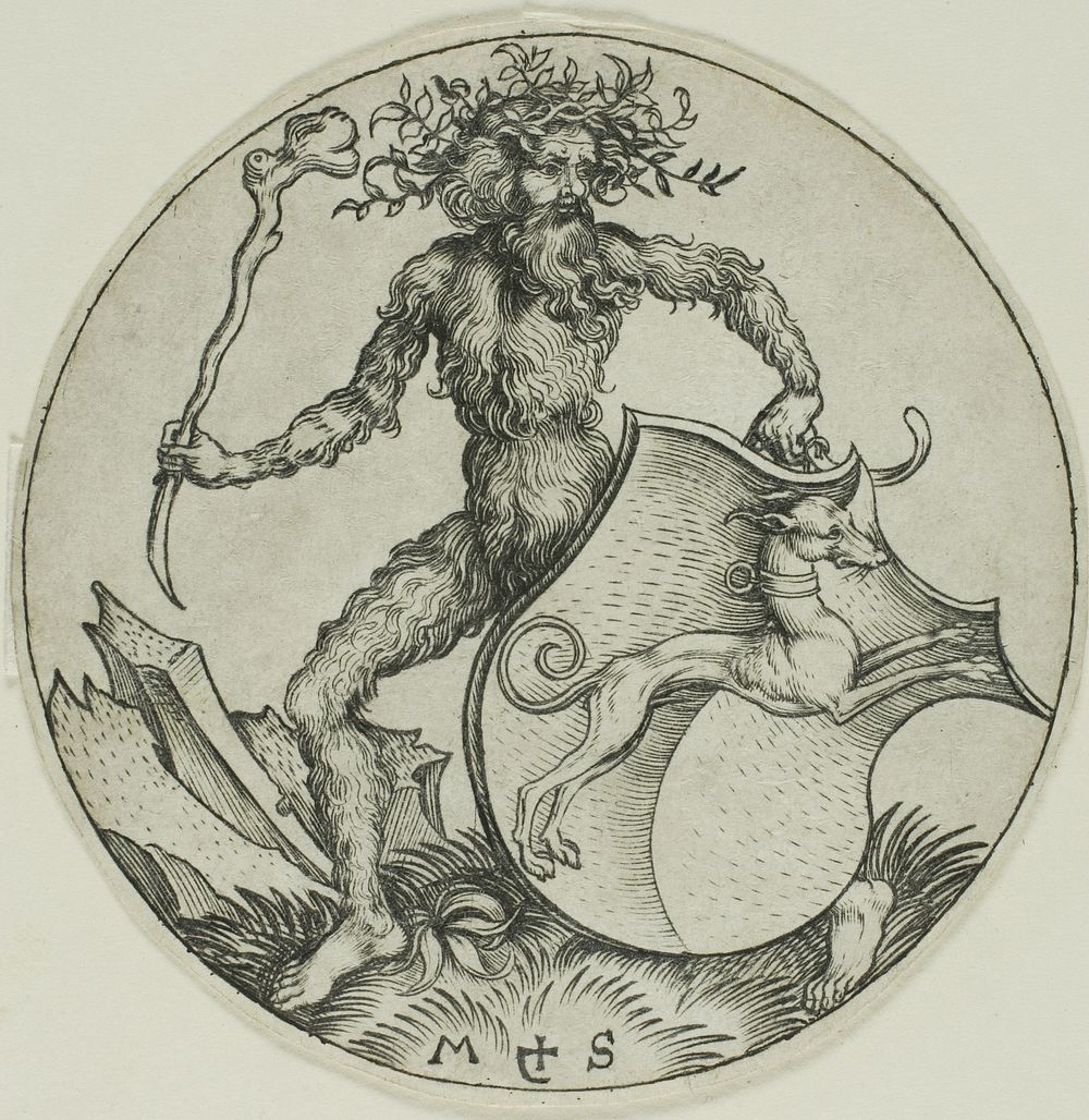 Shield with a Greyhound, Held by a Wild Man by Martin Schongauer