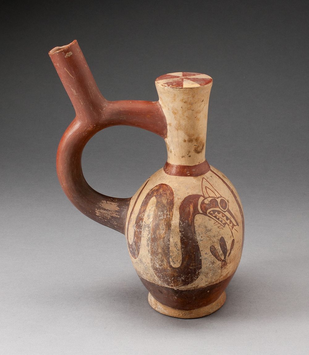 Stirrup-Handled Jar Depicting a Supernatural Serpent with a Plant by Moche