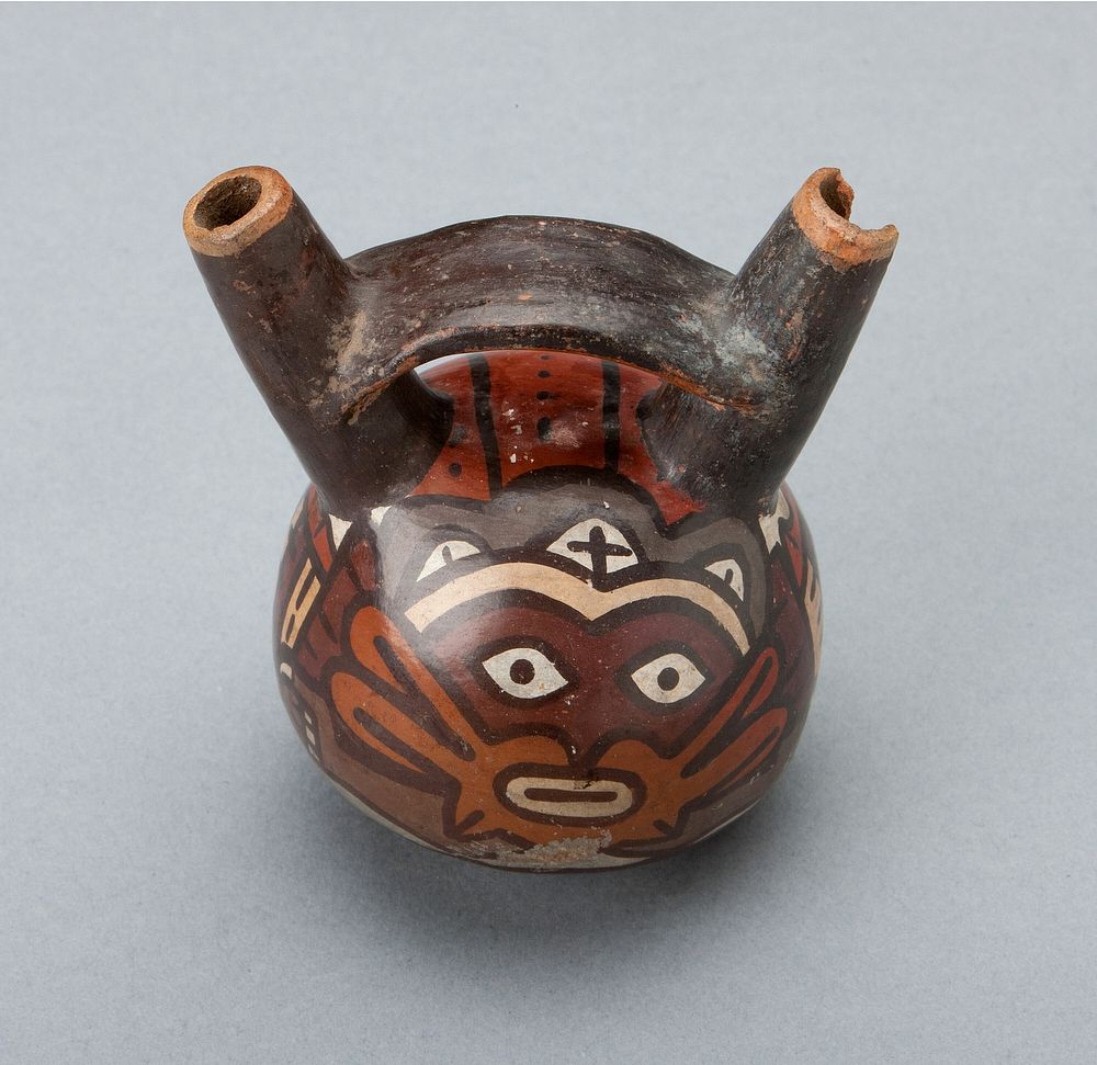 Miniature Double Spout Vessel Depicting Masked Ritual Performer by Nazca