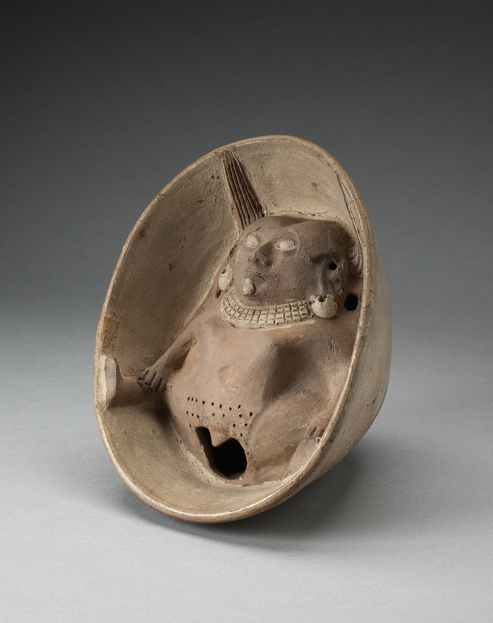 Bowl with Sculpted Female Figure with Splayed Legs in Interior by Moche