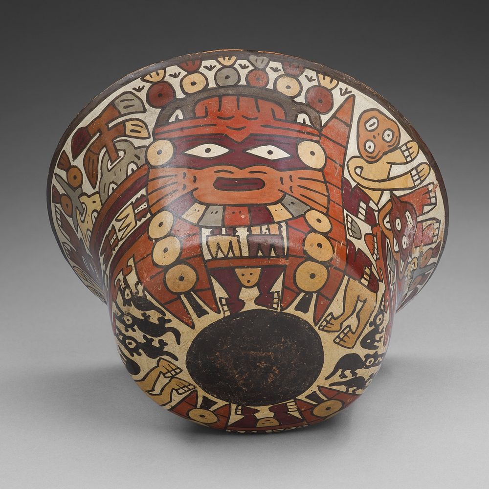 Bowl Depicting a Costumed Ritual Performer with Abstract Plants, Holding a Captive by Nazca