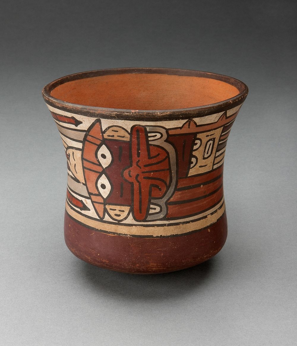 Short Beaker Depicting Ritual Figure wearing Costume with Bird Attributes by Nazca