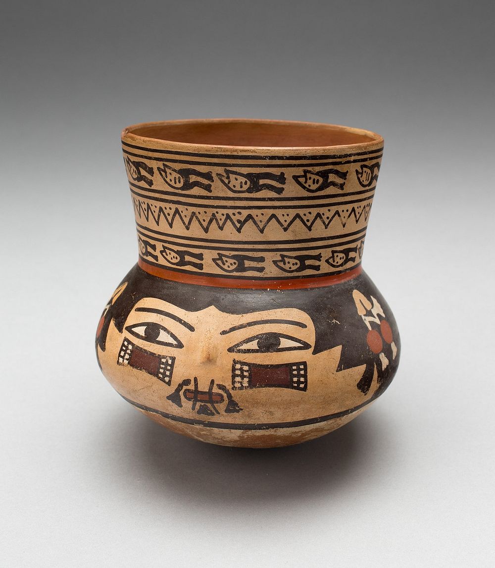 Jar in the Form of a Human Head with Face Painting and Bound Lips by Nazca