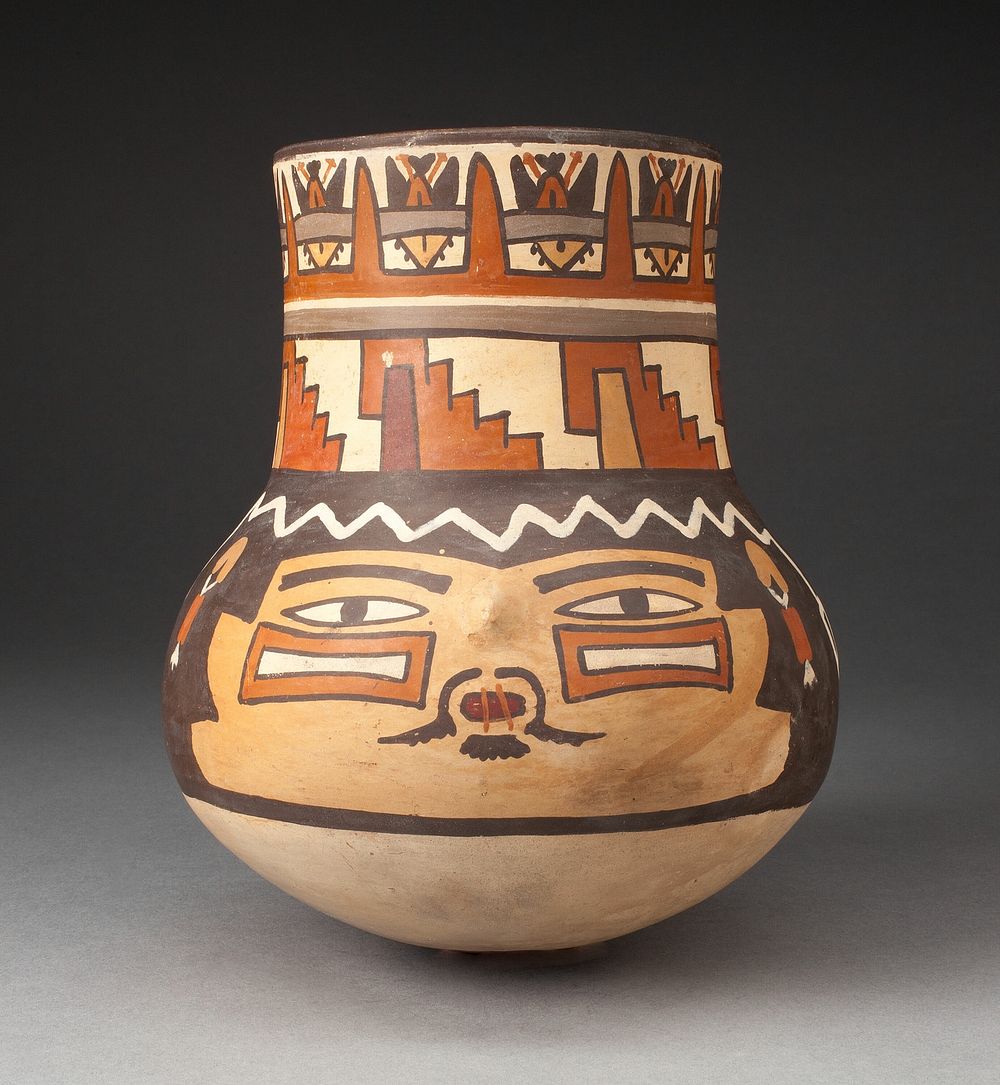 Beaker Depicting a Human Head with Bound Lips and Geometric Motifs by Nazca