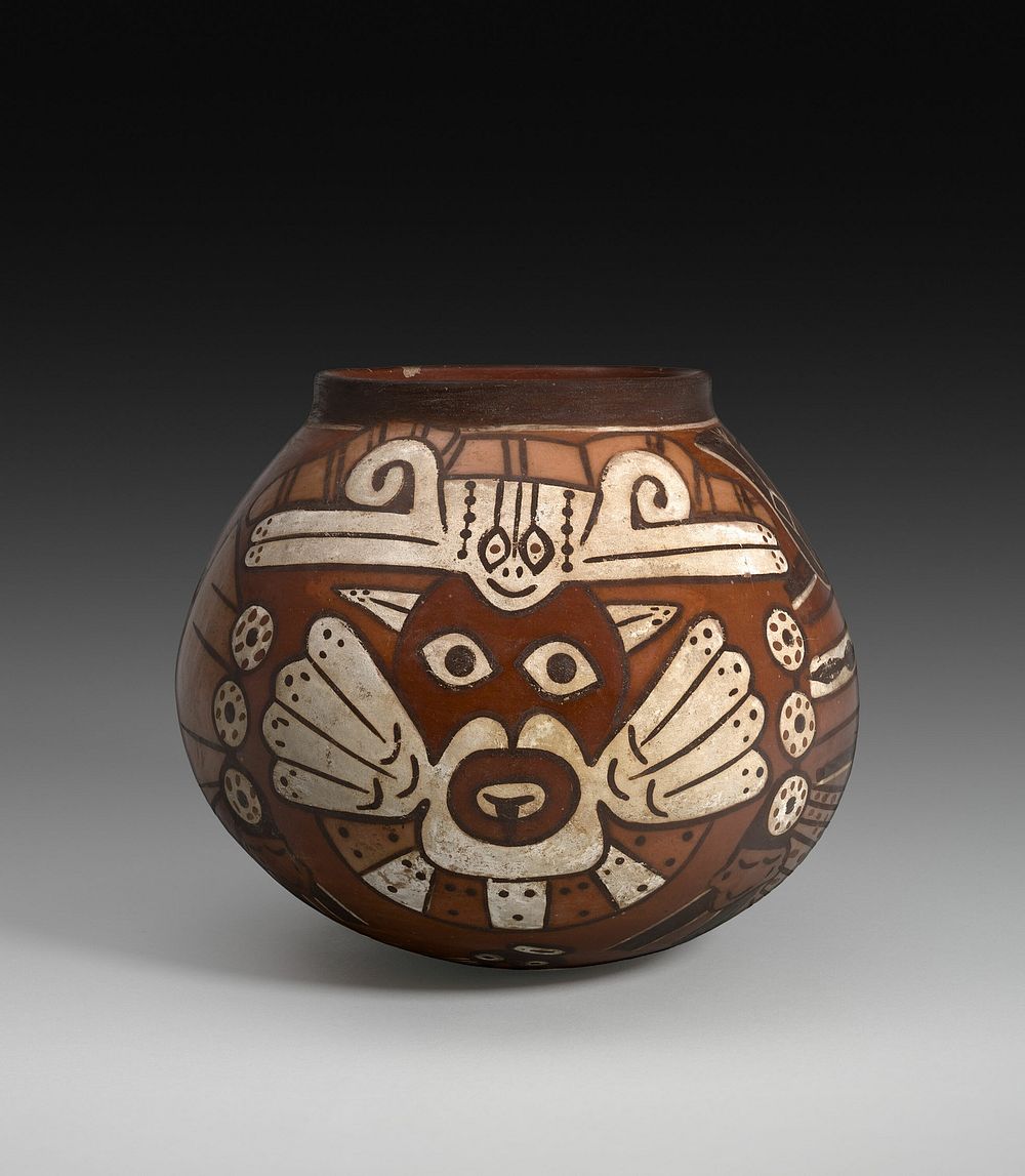 Vessel Depicting a Costumed Ritual Performer Holding a Staff and a Trophy Head by Nazca