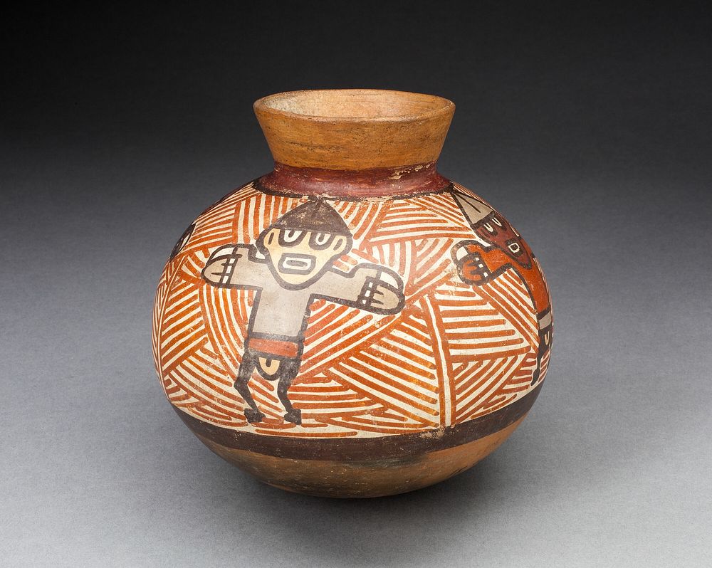 Small Jar Depicting Figures with Outstretched Arms, Standing against Red-Striped Background by Nazca