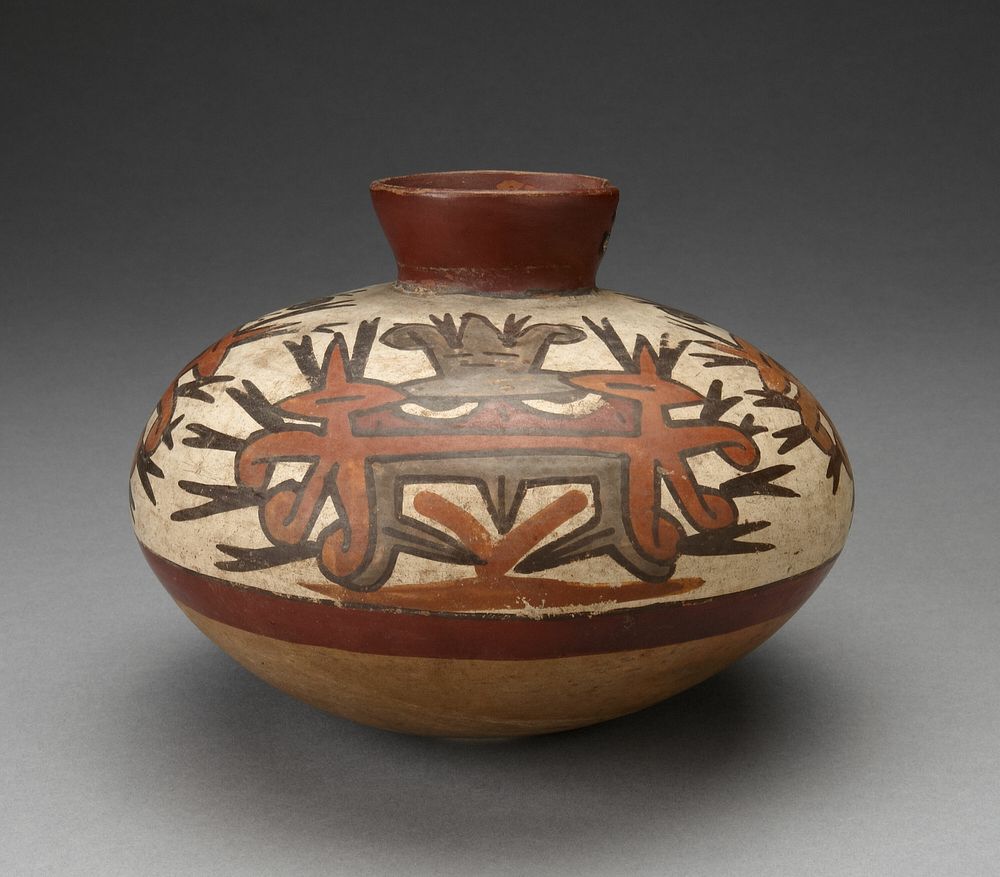 Jar with Small Neck Depicting Abstract Face of Masked Figure by Nazca