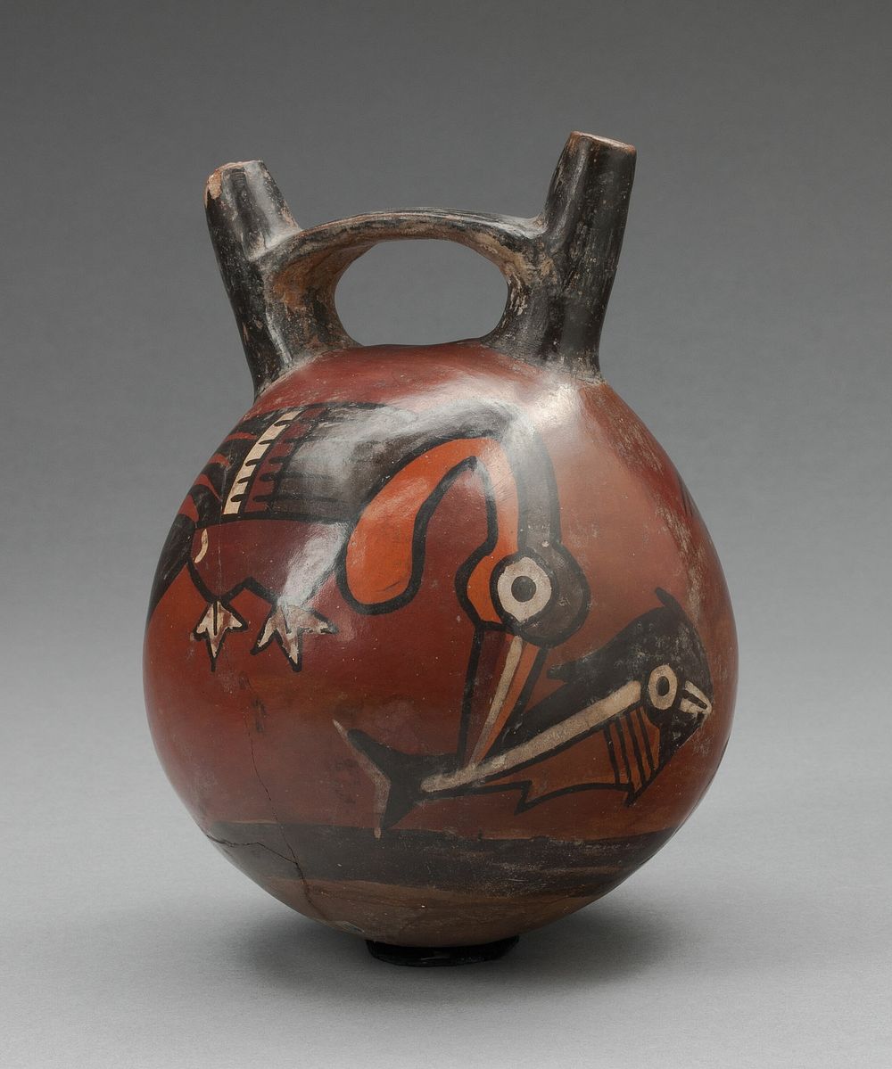 Double Spout Vessel Depicting a Bird Catching a Fish by Nazca