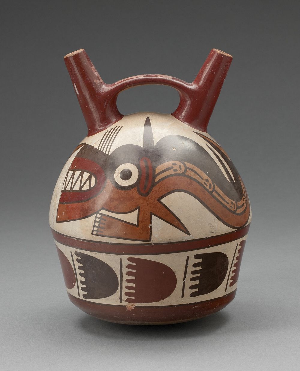 Double Spout Vessel Depicting an Abstract Shark with Human Attributes by Nazca