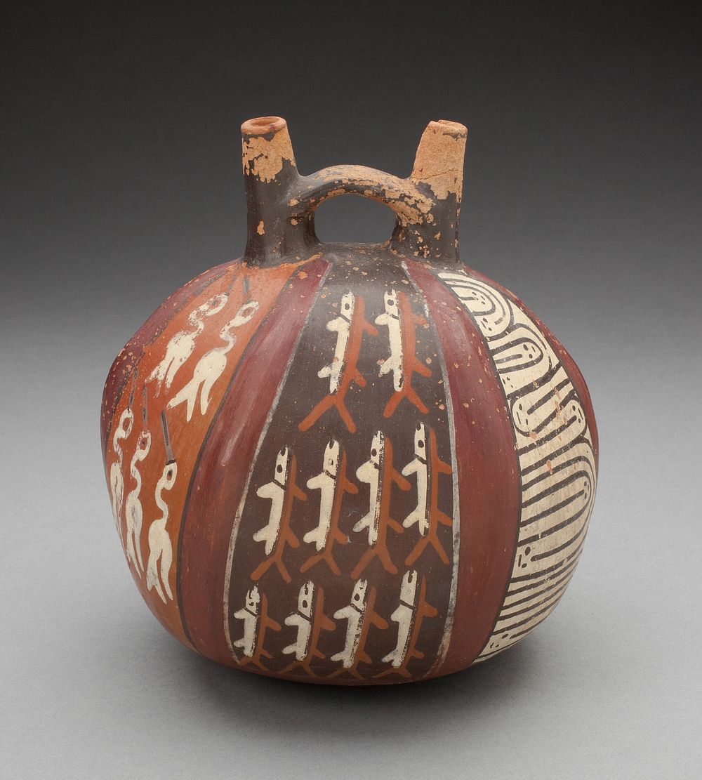 Double Spout Vessel with Vertical Bands Depicting Fish, Birds, and Geometric Motifs by Nazca