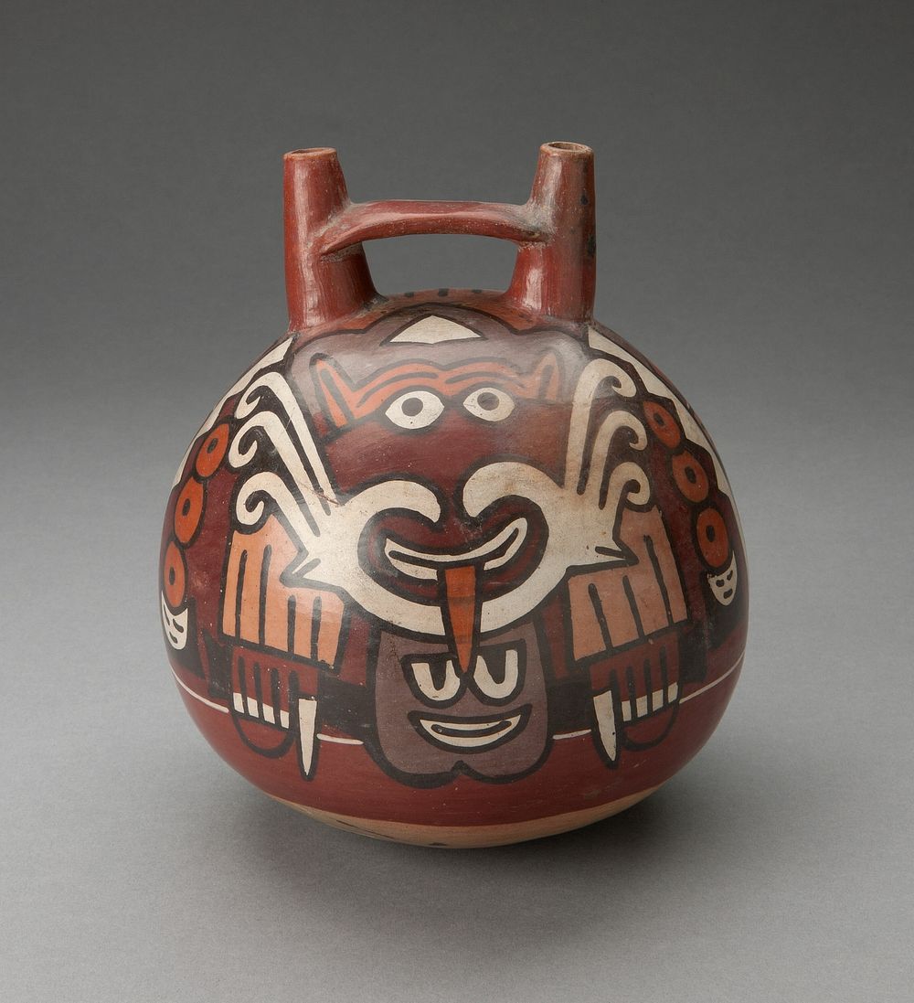 Double Spout Vessel Depicting Costumed Figure with Decapitated Head by Nazca