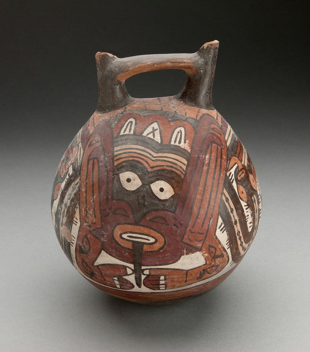 Double Spout Vessel Depicting Costumed Figure with Tattoos and Serpent Attributes by Nazca