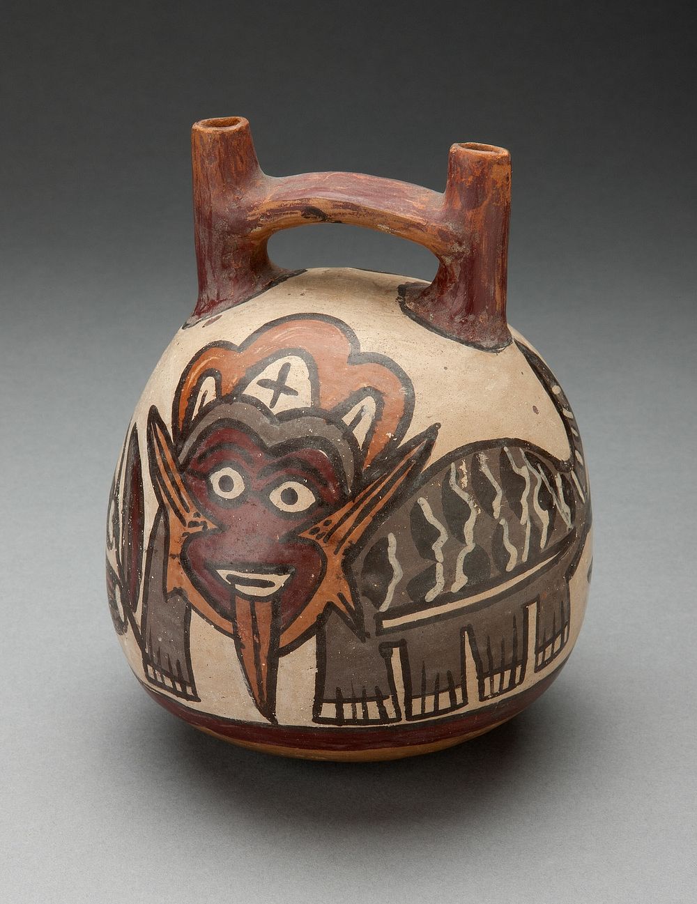 Double Spout Vessel Depicting Costumed Figure with Feline Attributes by Nazca