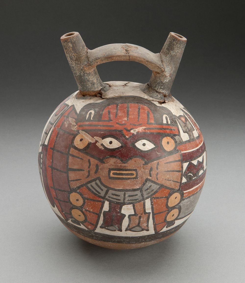Double Spout Vessel Depicting Masked Performer with Fertility Motifs by Nazca