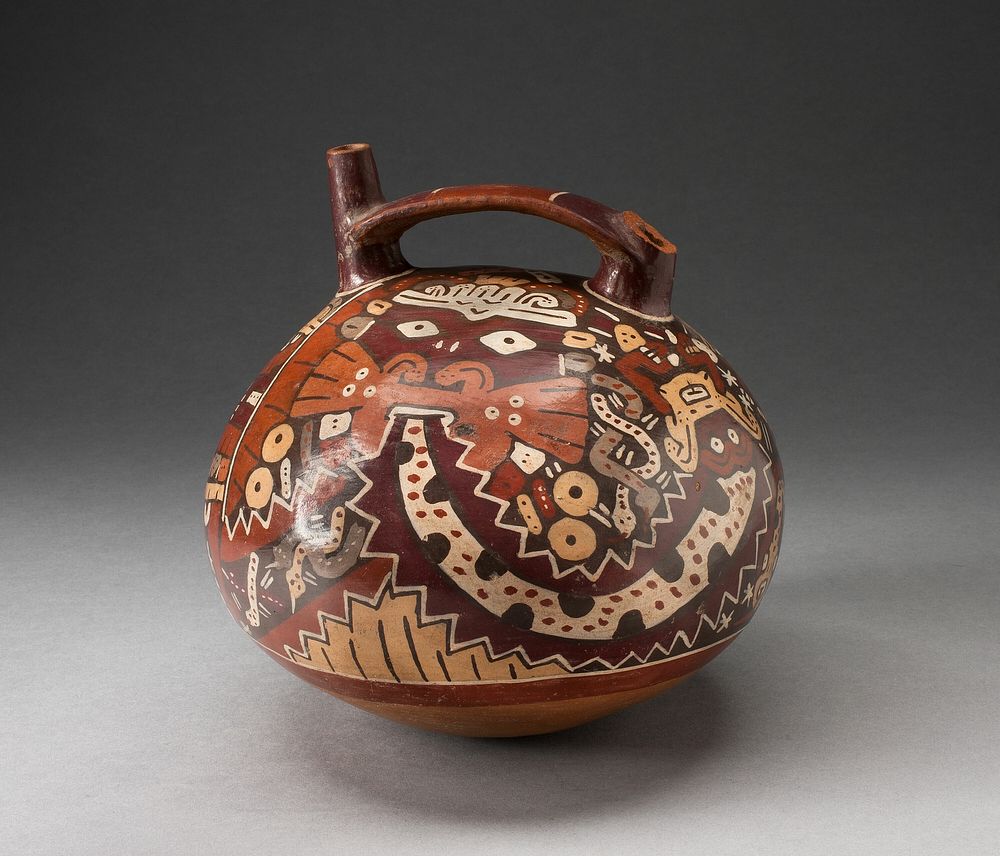 Double Spout Vessel Depicting Costumed Ritual Performer with Intricate Streamers by Nazca