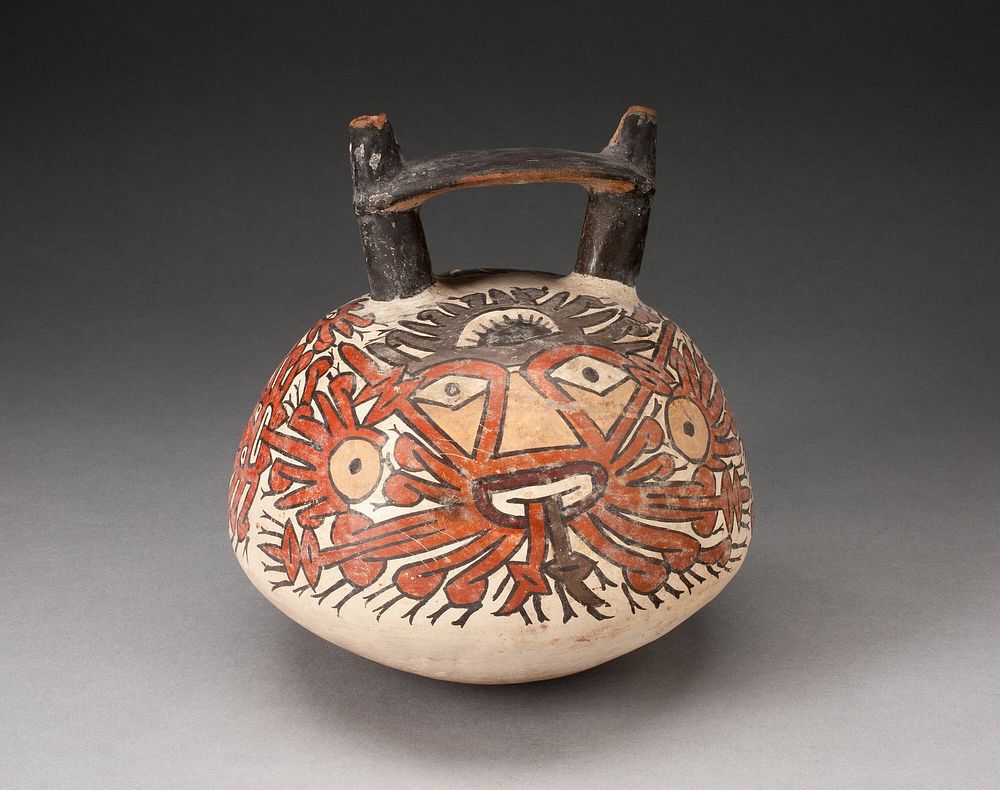 Doubnle Spout Vessel Depicing Ornametal Faces with Numerous Emanations by Nazca