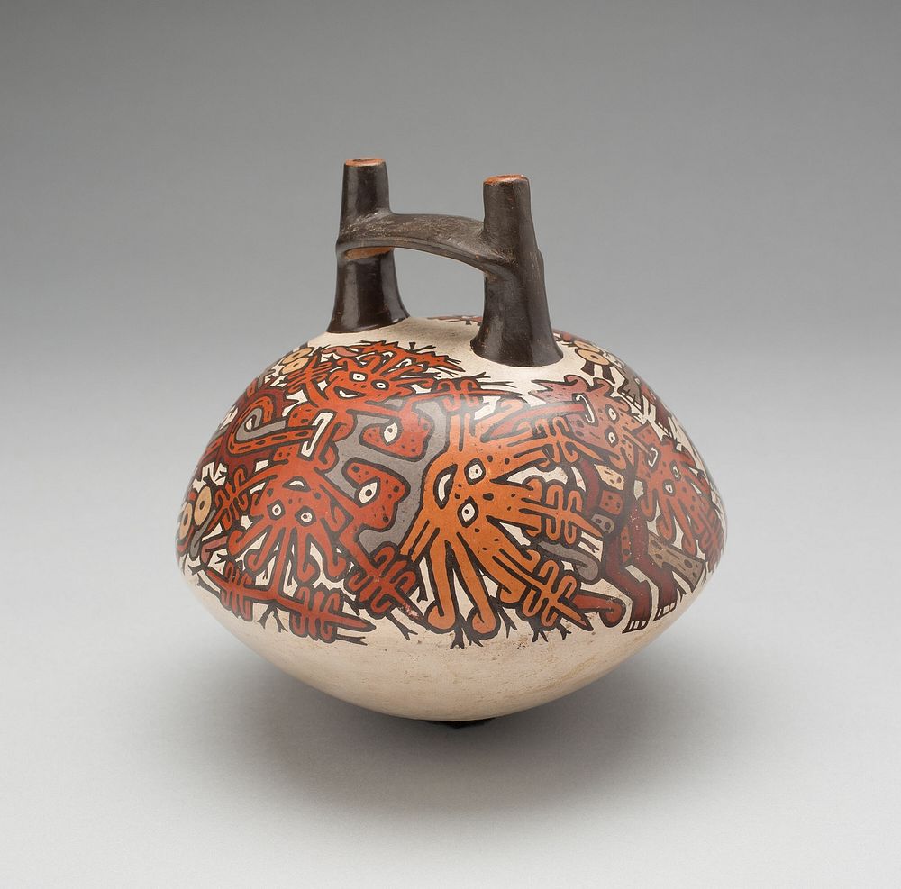 Double-Spouted Vessel Depicting Ritual Masks by Nazca