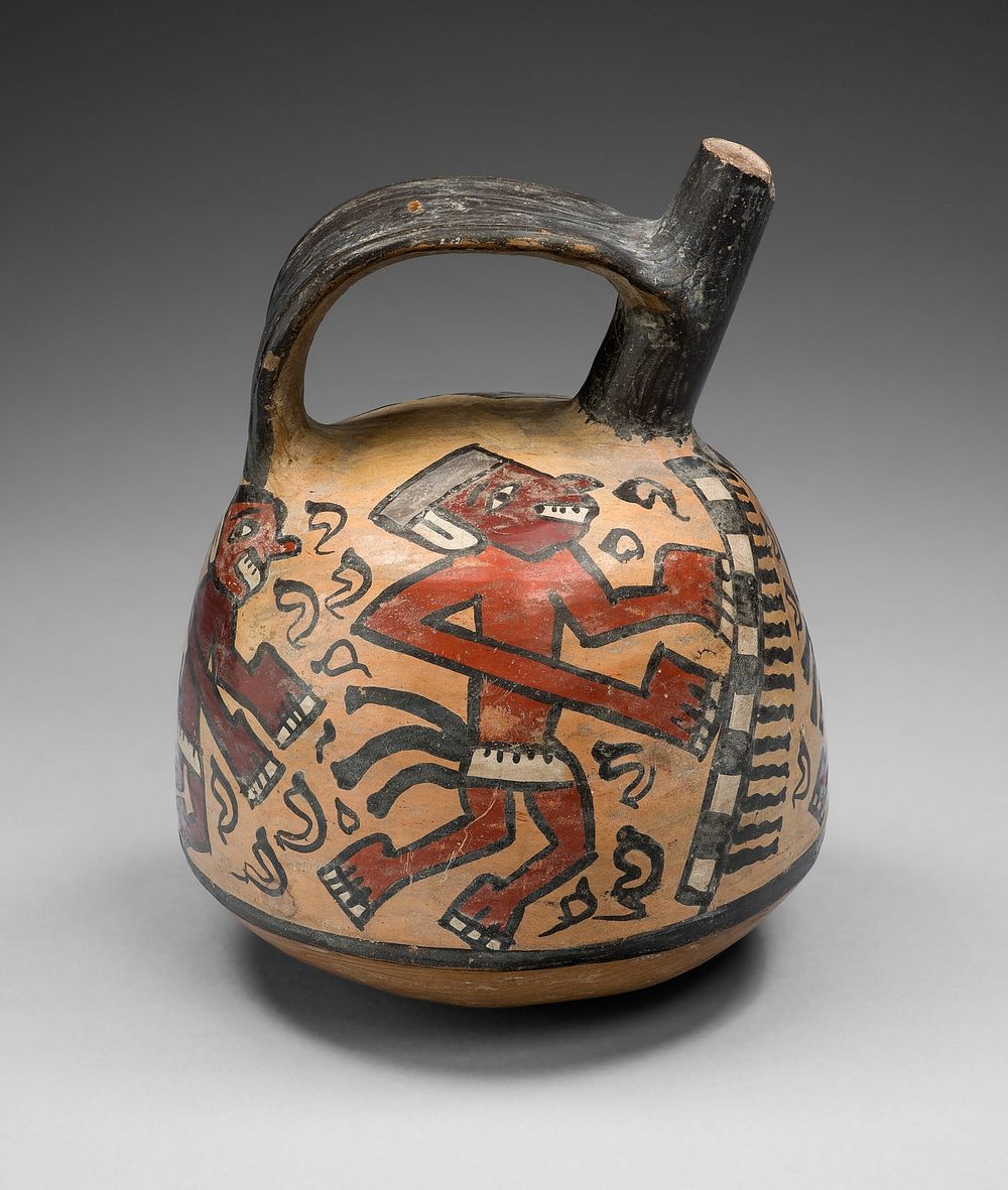 Single Spout and Bridge Vessel Depicting Dancing Figures by Tiwanaku