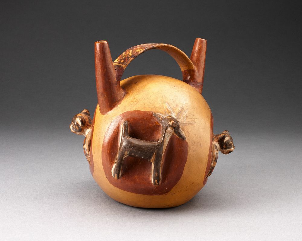 Double Spout Bridge Vessel with Molded Animals Emerging from Sides by Nieveria