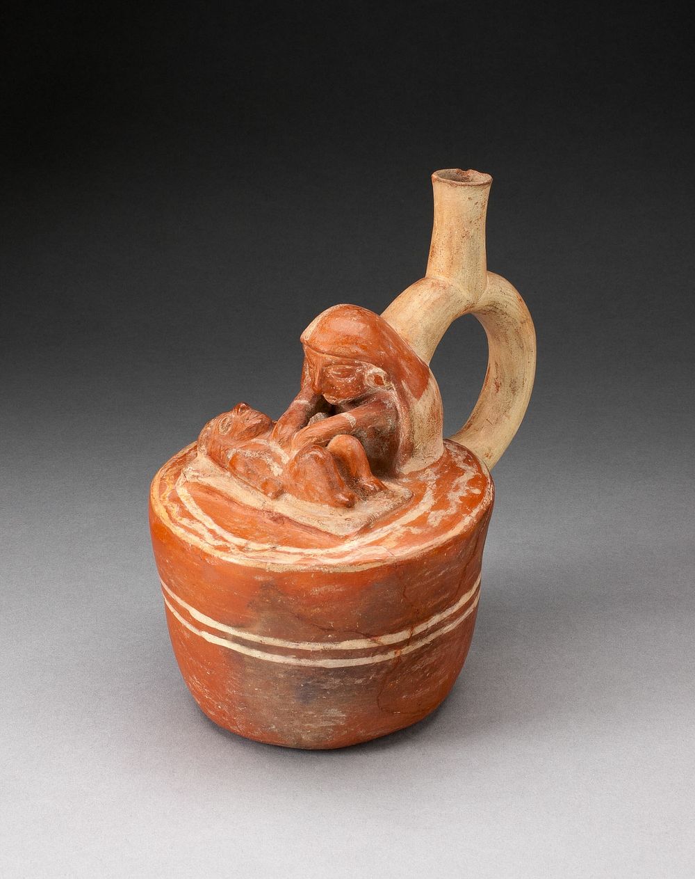 Handle Spout Vessel with Healer or Midwife Touching a Reclining Figure by Moche