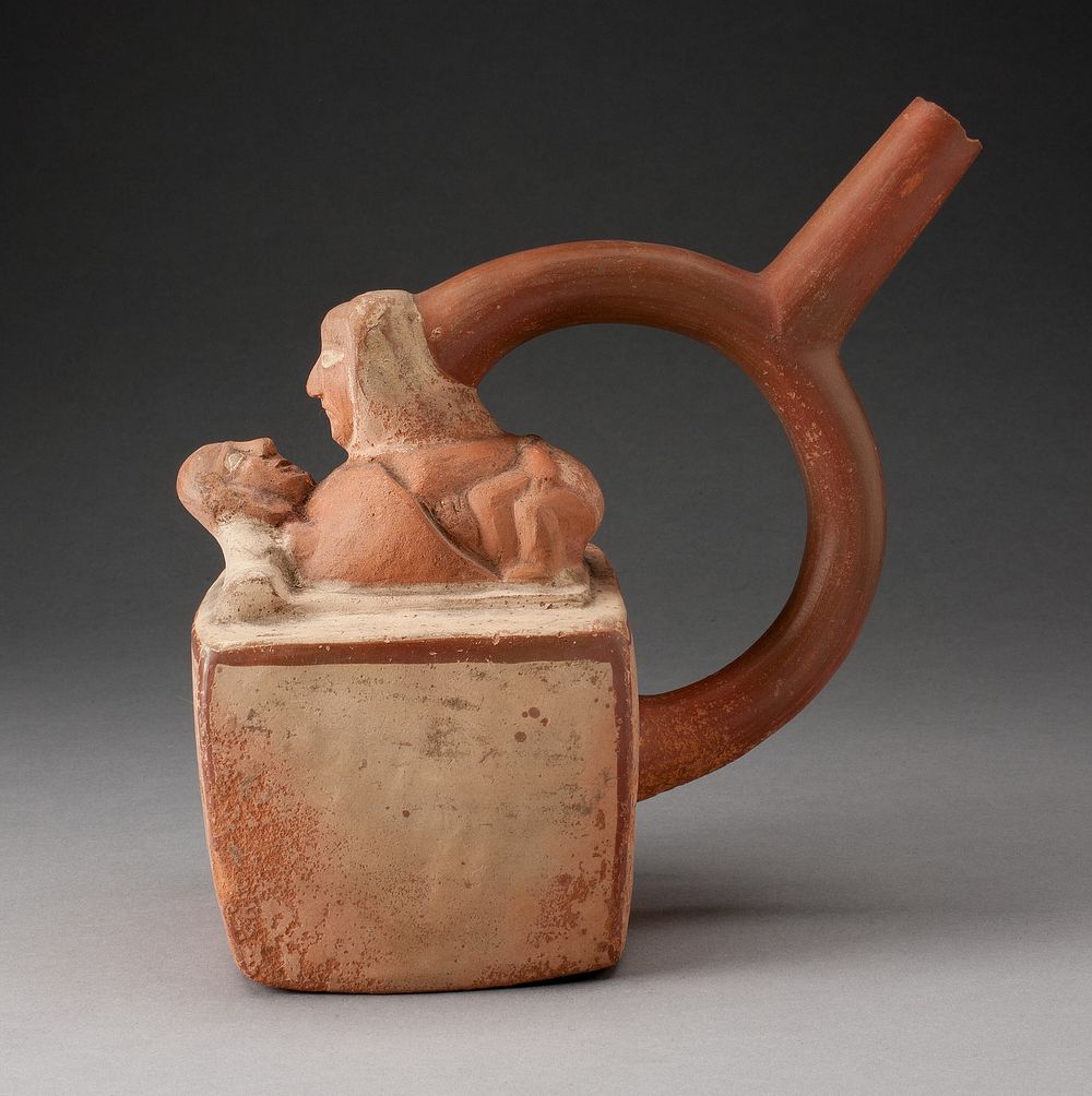 Handle Spout Vessel Depicting Two Lovers by Moche
