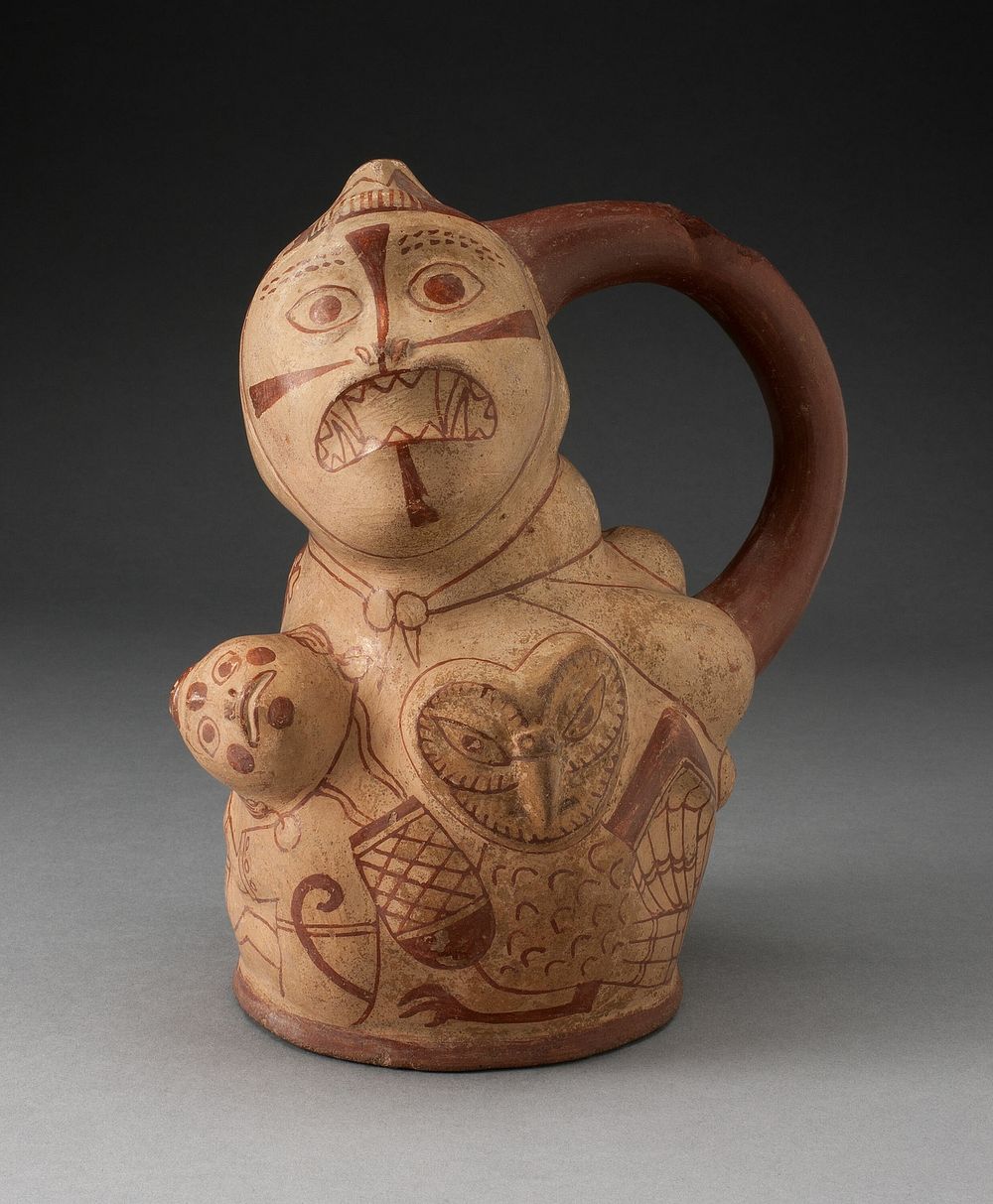 Handle Spout Vessel with Composite Relief Depicting a Human Head, Owl, and Serpent by Moche