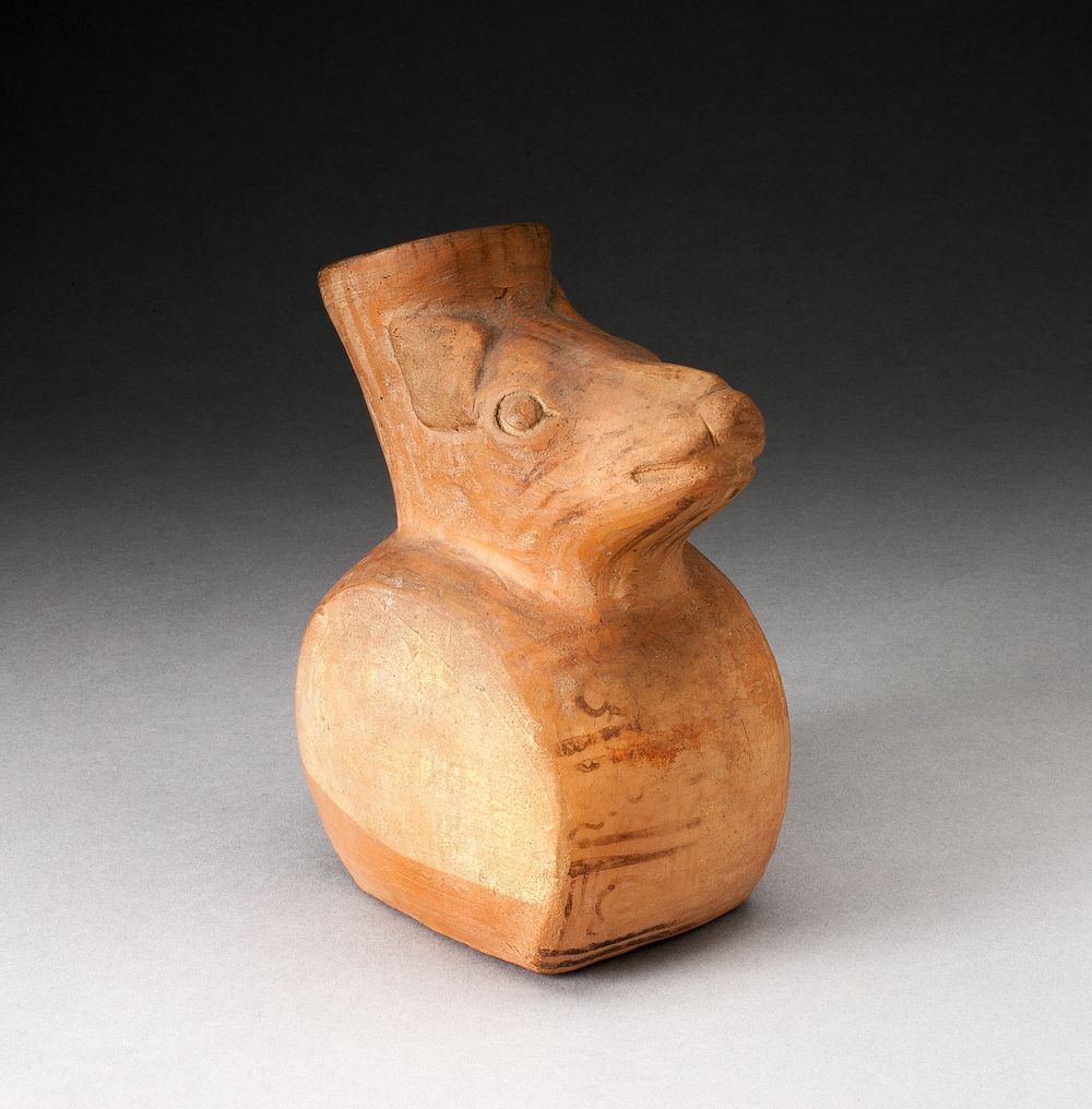 Flat-Sided Jar with Relief of Rodent Head Attached to the Vessel's Neck by Moche