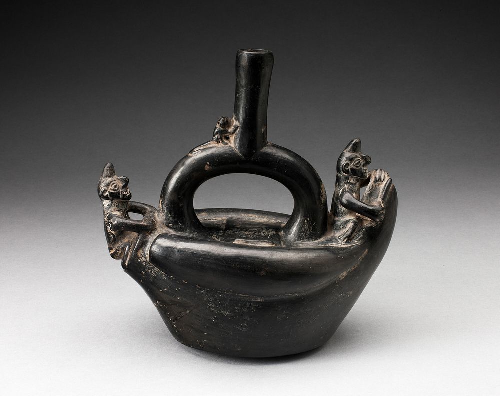 Single Spout Blackware Vessel in the Form of Figures Riding on Reed Boat by Chimú