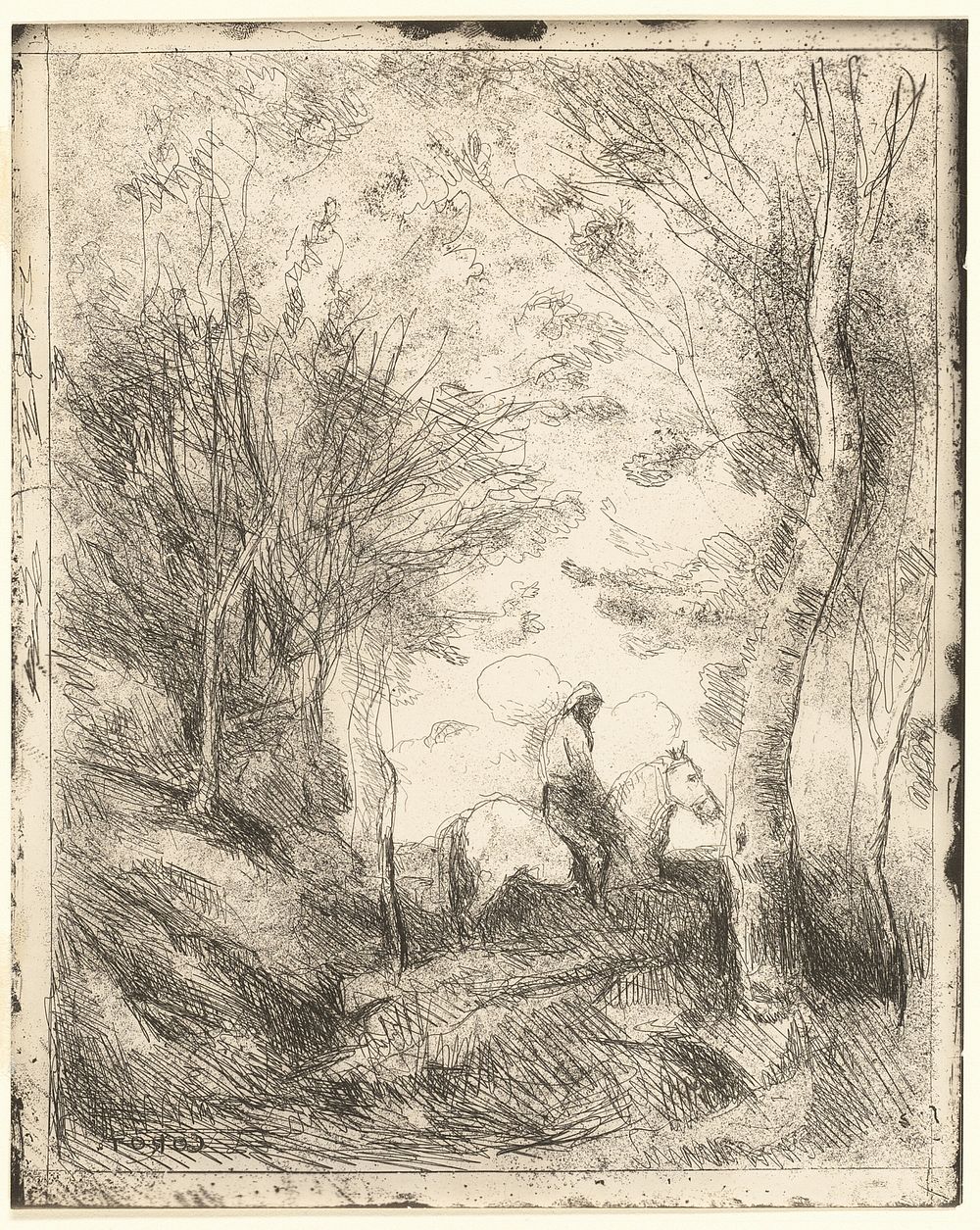 The Rider in the Woods, large plate by Jean Baptiste Camille Corot