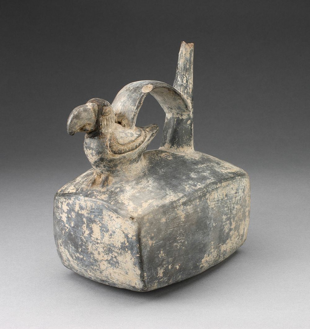 Square Spouted Vessel with Parrot Molded on Handle by Moche