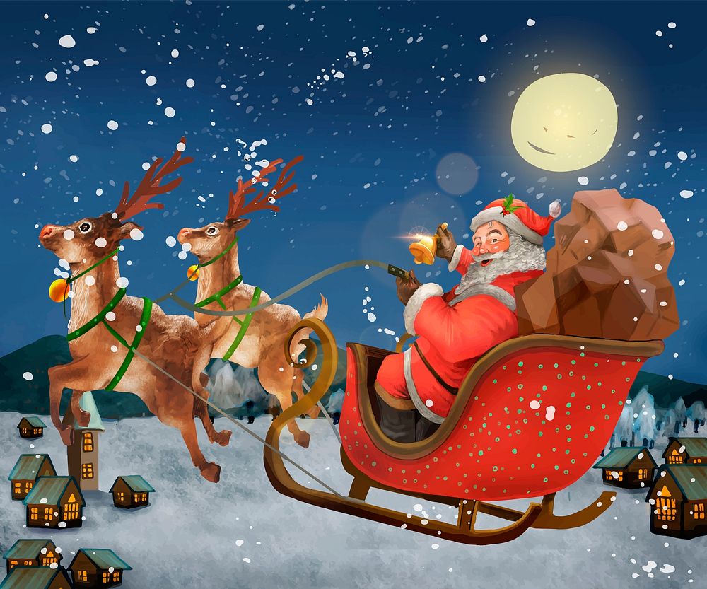 Santa on sleigh, Christmas drawing