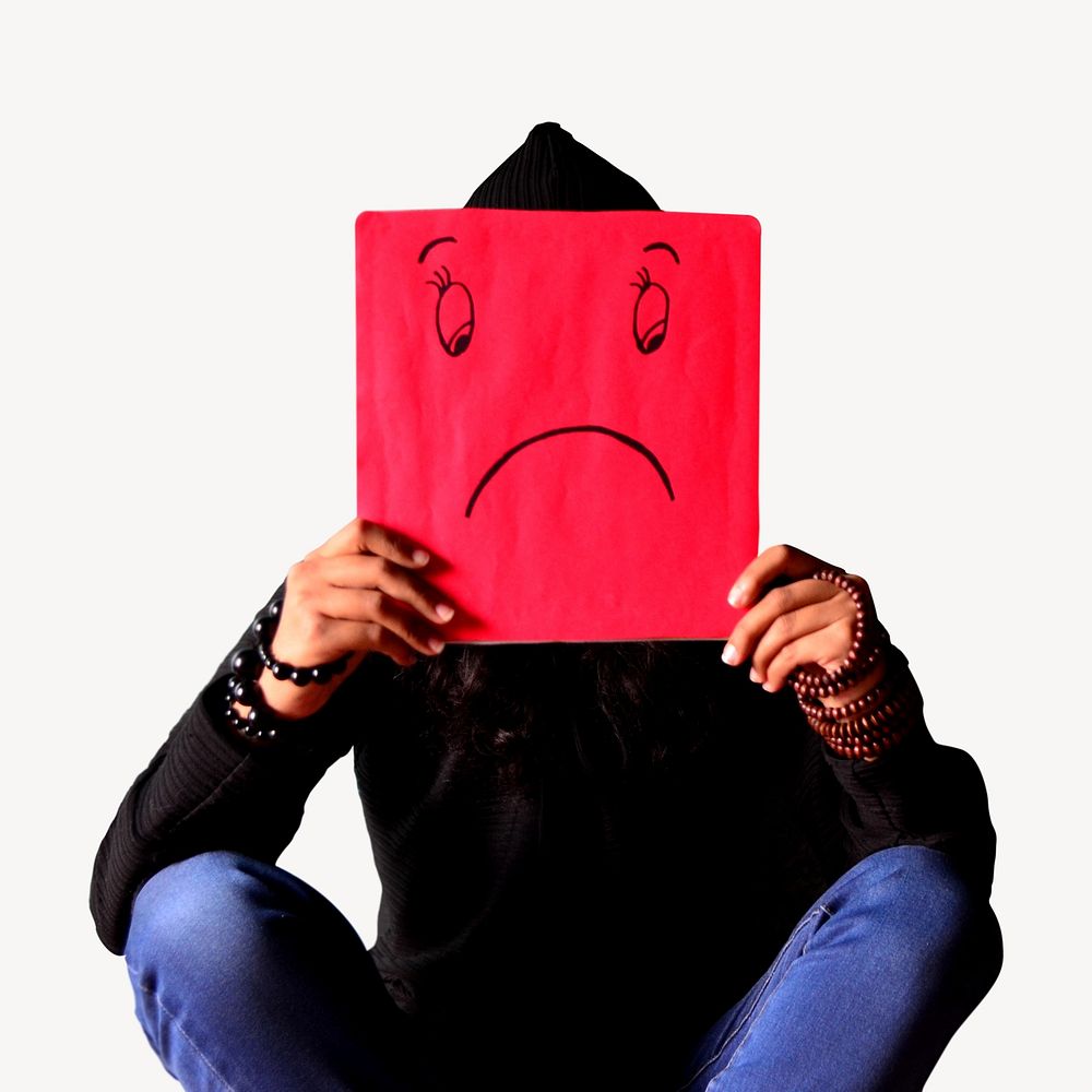 Man holding sad face sign isolated image