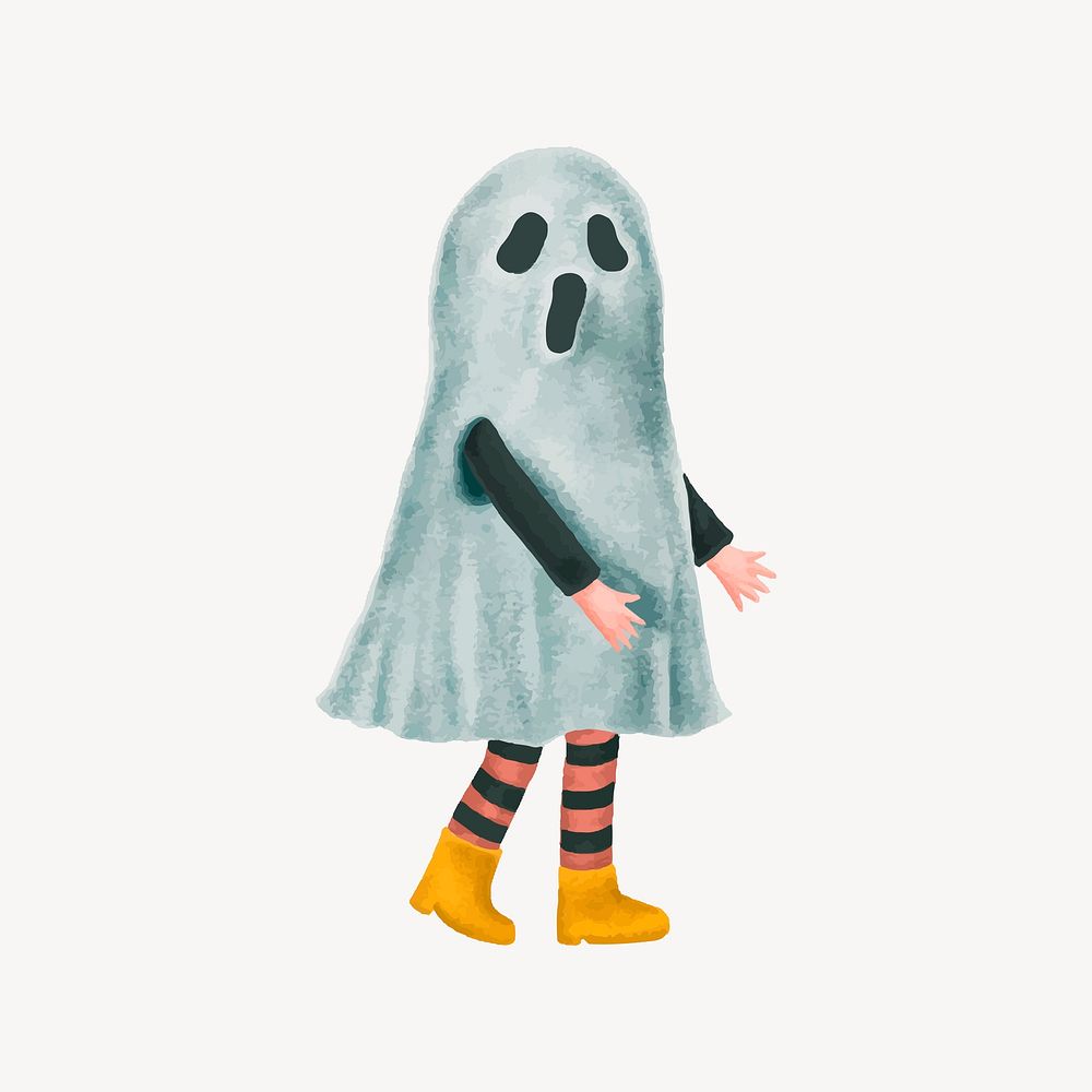 White ghost, kid in Halloween costume collage element vector