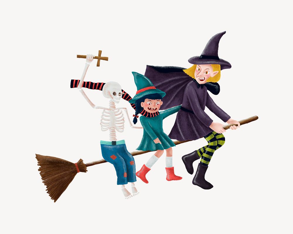 Flying witches, skeleton ghost, Halloween collage element psd