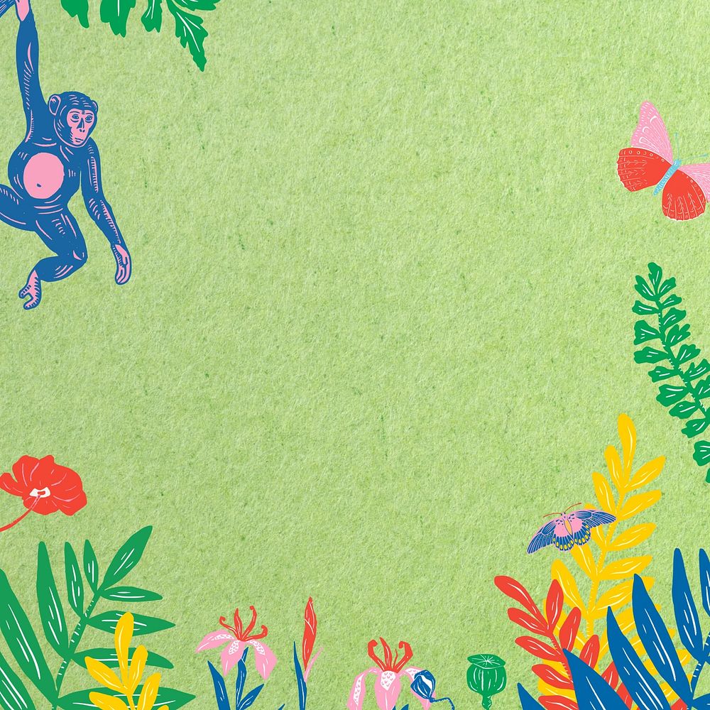 Monkey botanical green background,  animal illustration