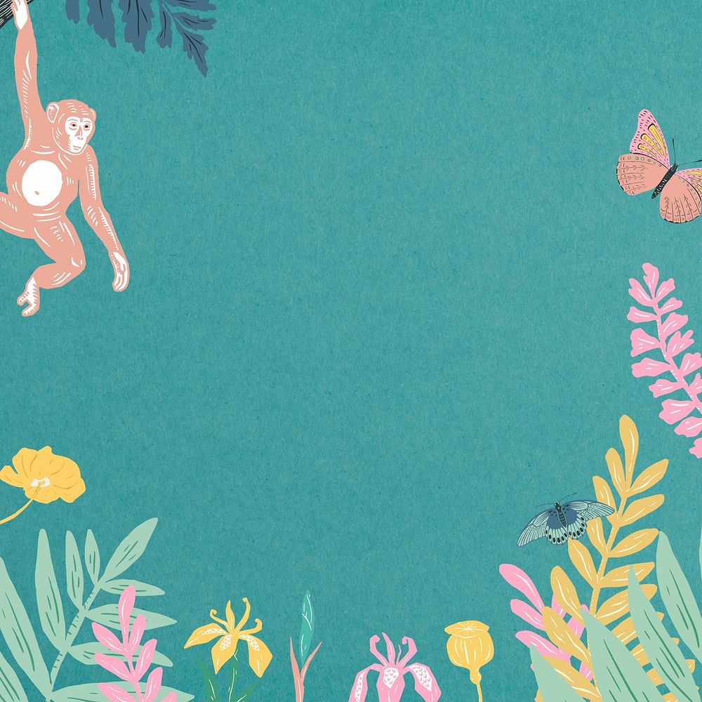 Monkey botanical border background,  animal illustration