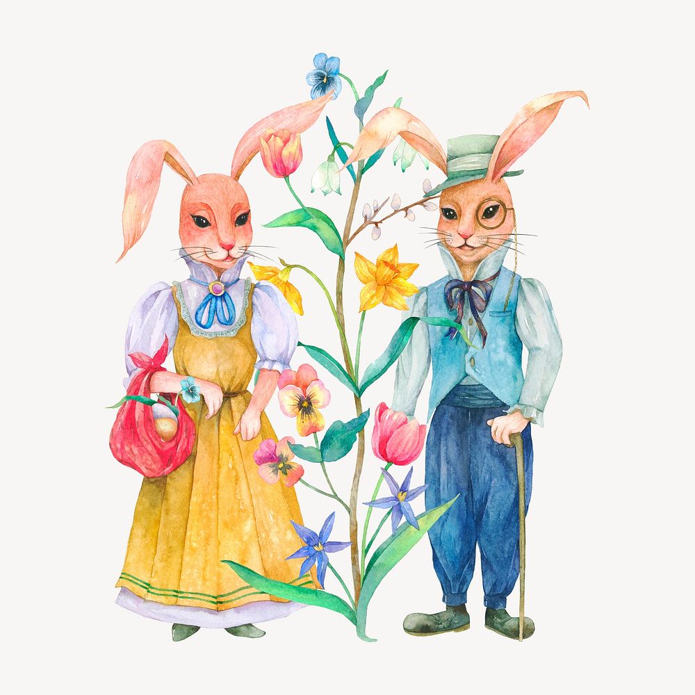 Easter rabbit characters, watercolor illustration psd