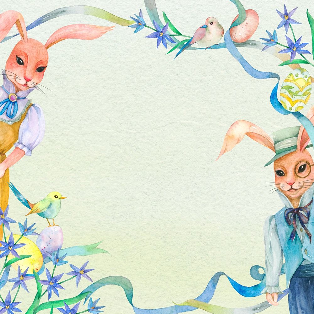 Rabbit characters frame, watercolor illustration