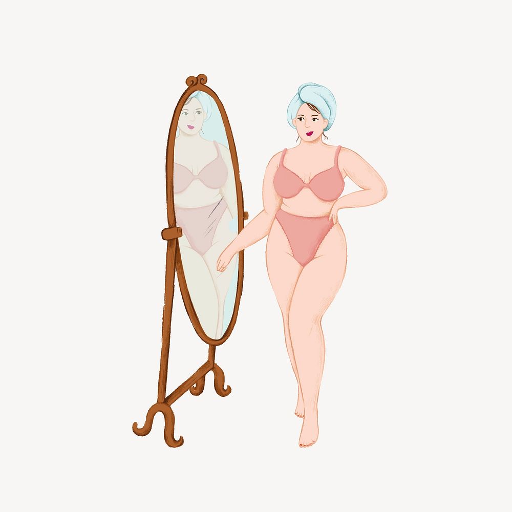 Woman looking at mirror, self-love illustration vector