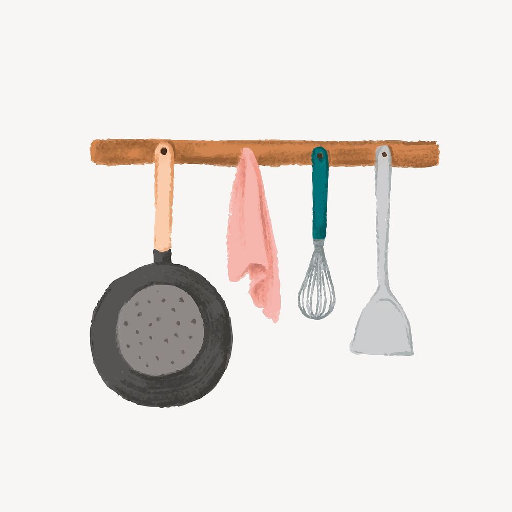 Kitchenware hanging on wall, home decor collage element vector