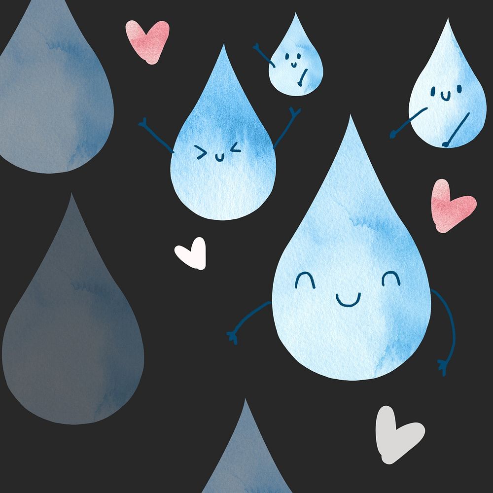 Happy water droplets, watercolor illustration