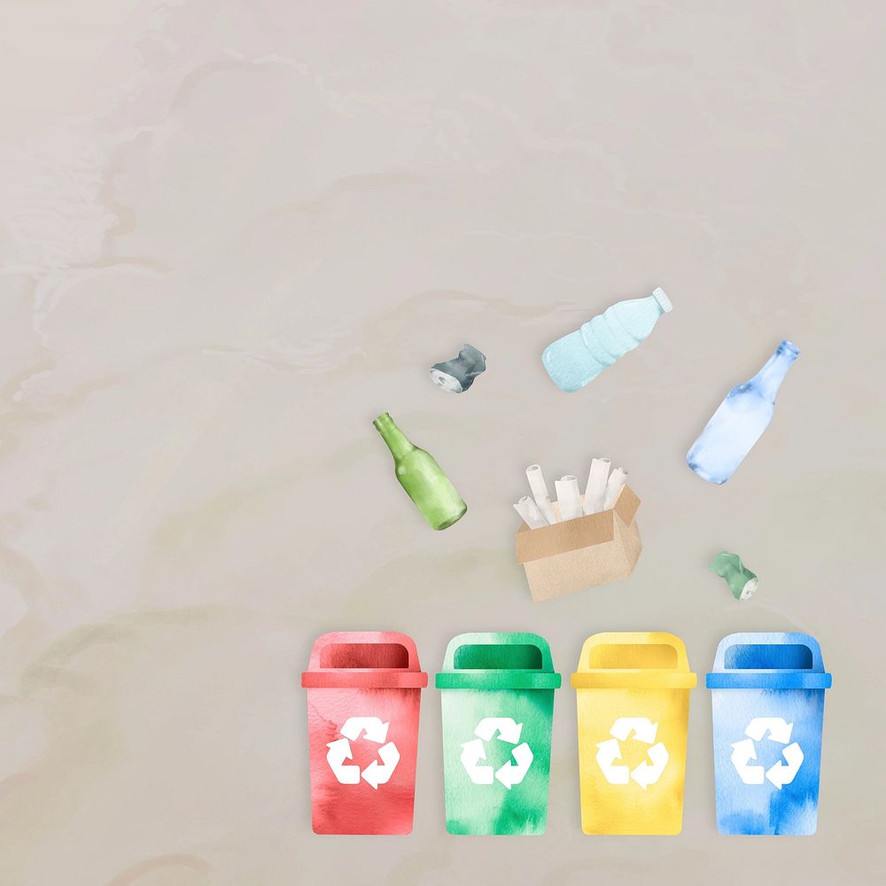 Recycling bins, aesthetic watercolor design