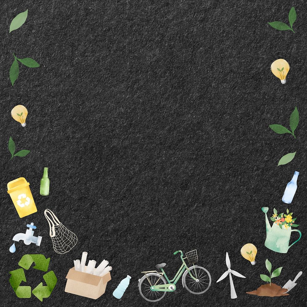 Eco-friendly lifestyle frame, black background, watercolor illustration