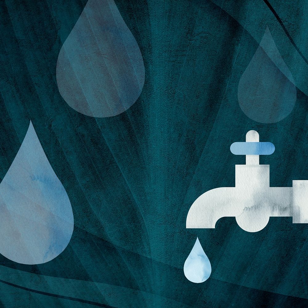Save water faucet & droplets illustration, aesthetic blue & black design
