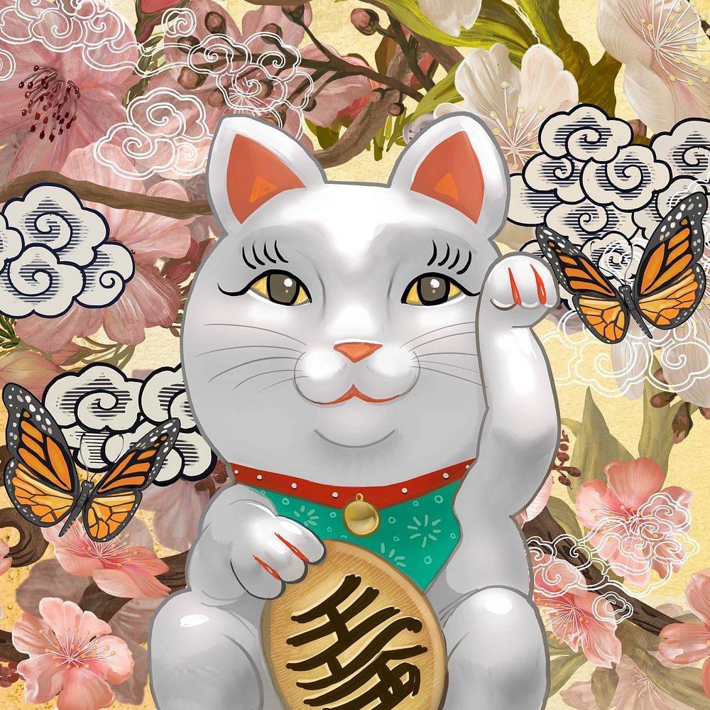 Japanese waving cat, Maneki Neko aesthetic illustration