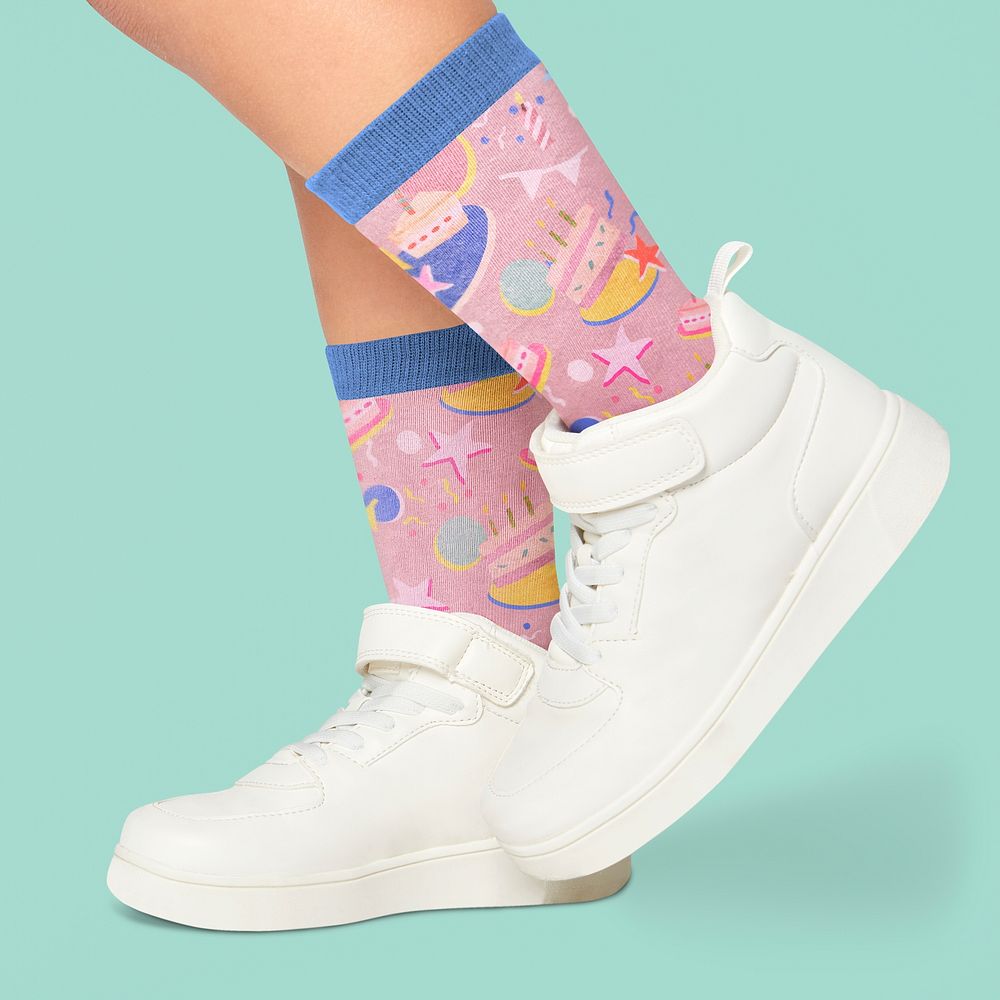 Cute little sock mockup psd doodle birthday party pattern 