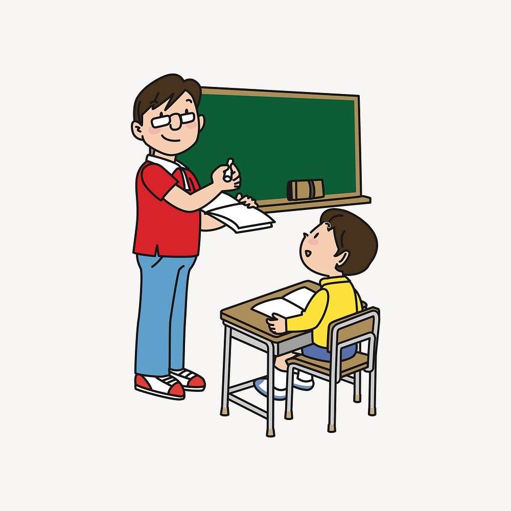 Teacher and student cartoon illustration. Free public domain CC0 image.