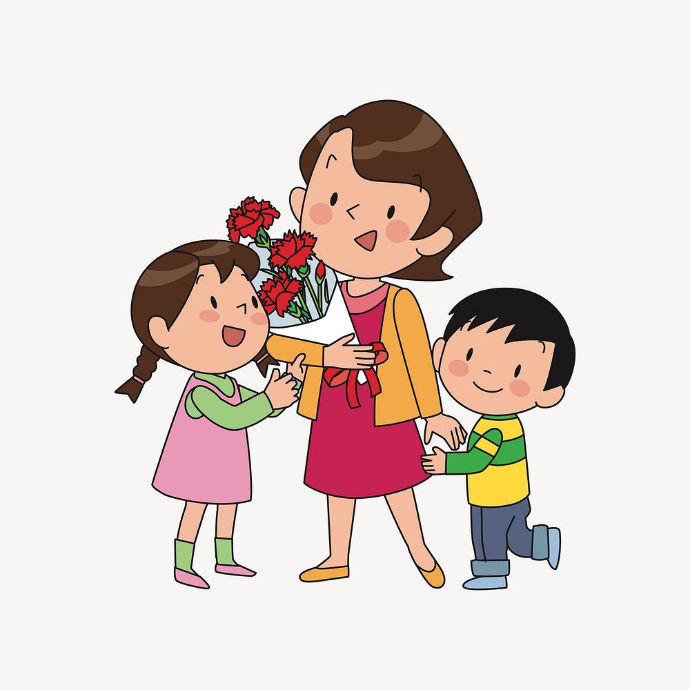 Happy mom and kids illustration. Free public domain CC0 image.