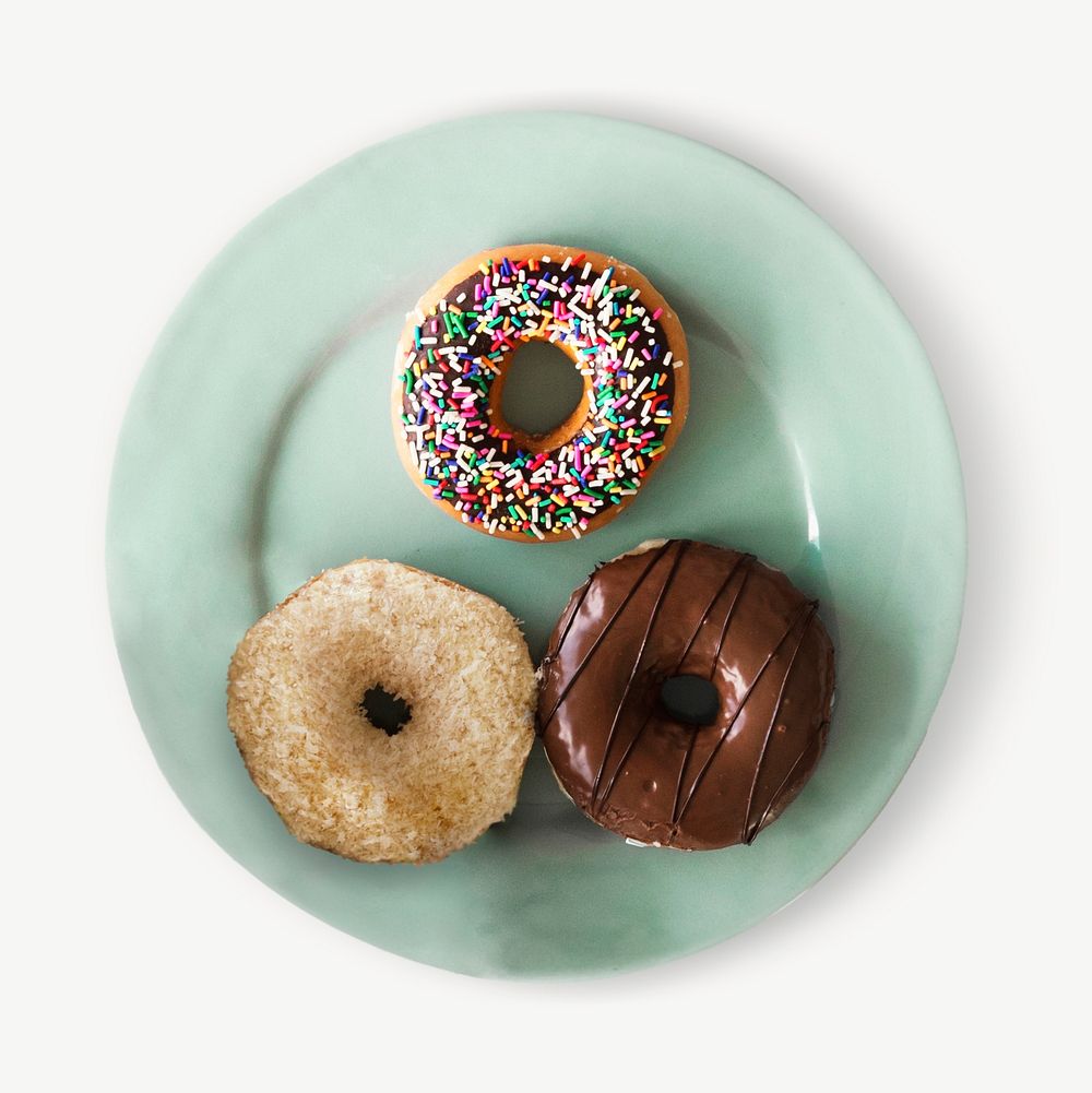 Donuts on plate collage element, food isolated image psd
